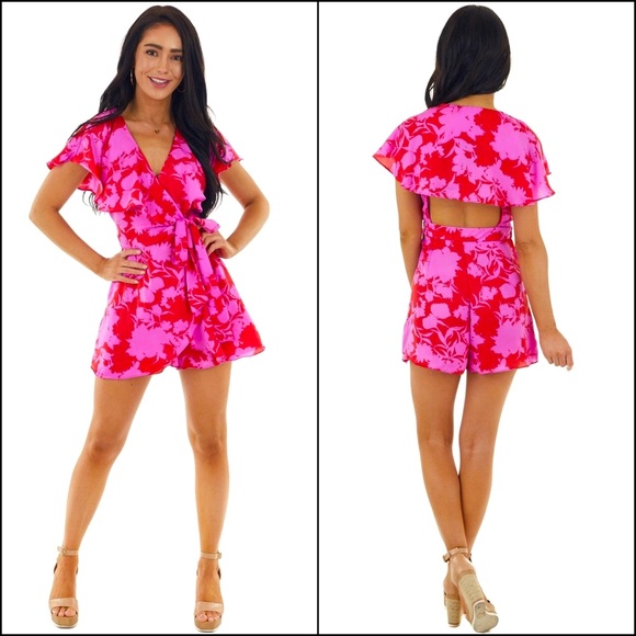 Do + Be Open Back Cutout Hot Pink & Red Floral Romper  Dress - Size S - Picture 2 of 12